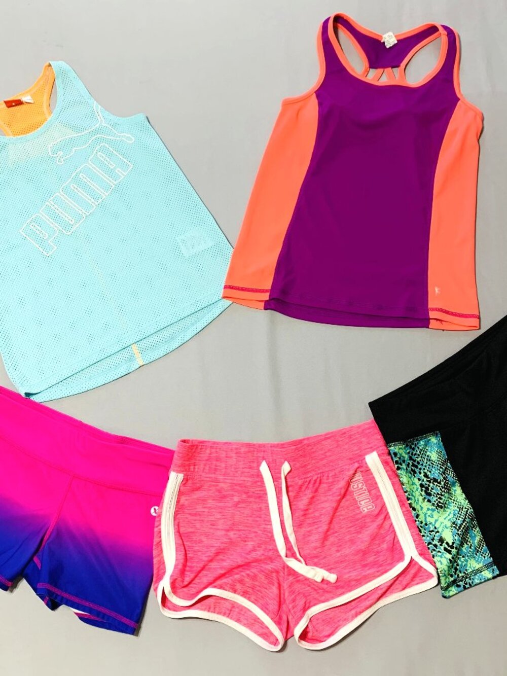 5 Piece Girls Active Bundle. Justice/Puma/Xersion Size 10/12 Tanks Shorts